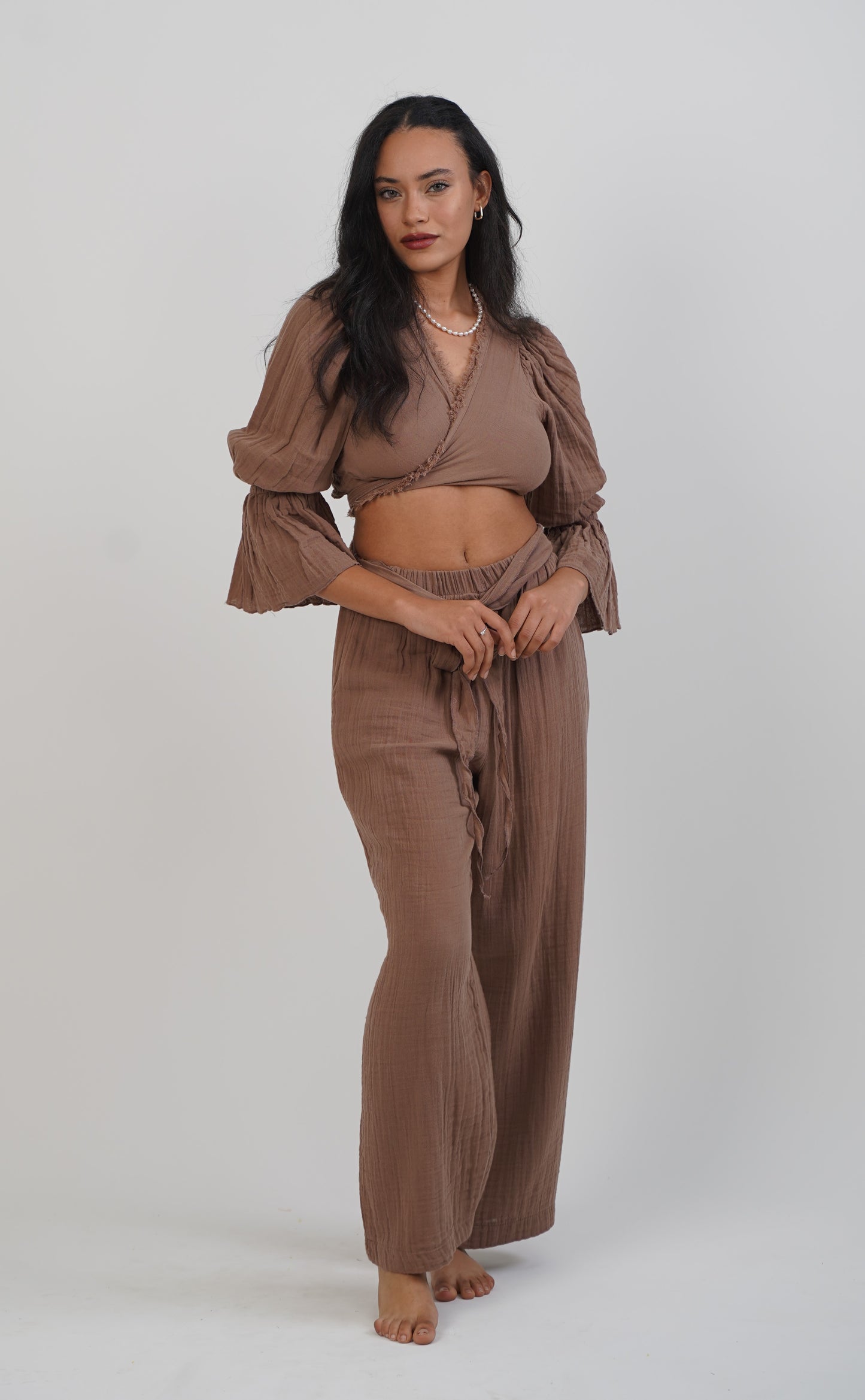Boho 2‑teiliges Musselin-Set – Oberteil aus 100 % Baumwolle und Hose mit weitem Bein | Einheitsgröße