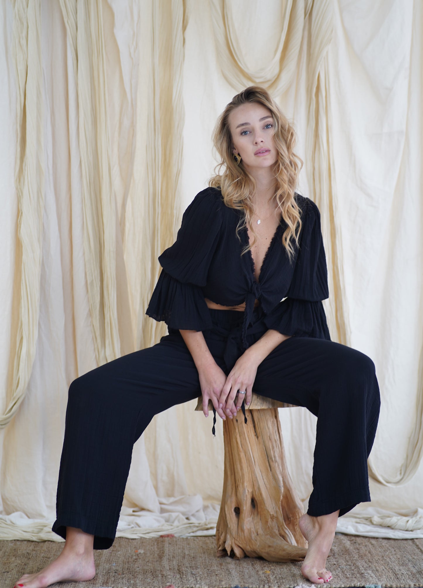 Boho 2‑teiliges Musselin-Set – Oberteil aus 100 % Baumwolle und Hose mit weitem Bein | Einheitsgröße