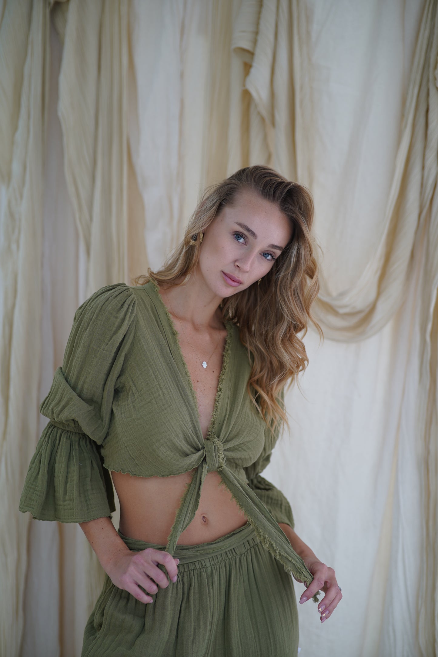Boho 2‑teiliges Musselin-Set – Oberteil aus 100 % Baumwolle und Hose mit weitem Bein | Einheitsgröße