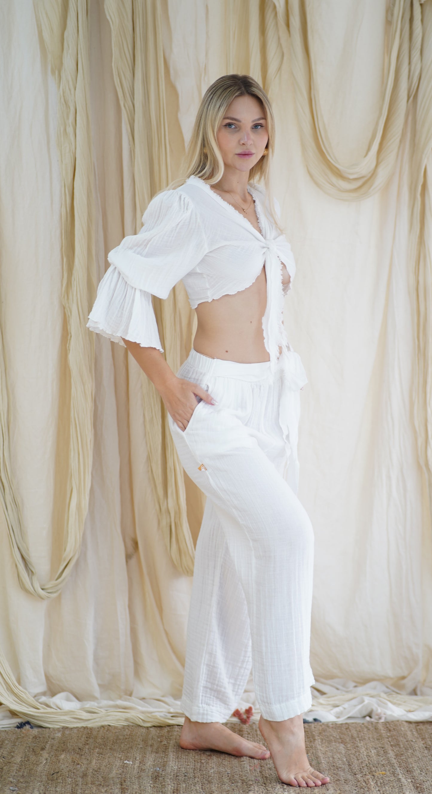 Boho 2‑teiliges Musselin-Set – Oberteil aus 100 % Baumwolle und Hose mit weitem Bein | Einheitsgröße