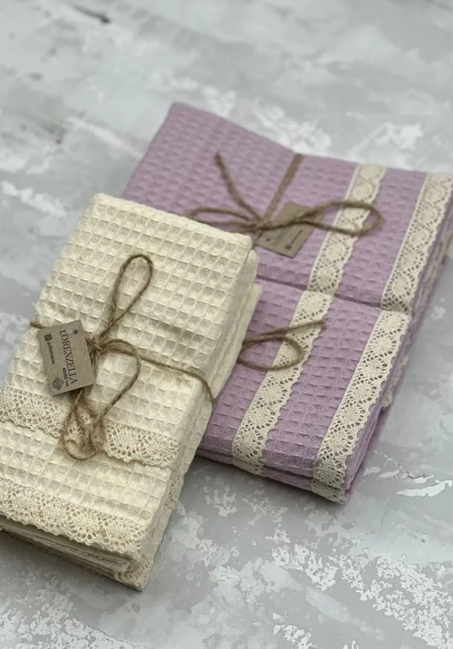 6-teiliges Küchenhandtuch-Set aus 100% Baumwolle – 40x60 cm mit Spitzenbesatz | Lorenzella