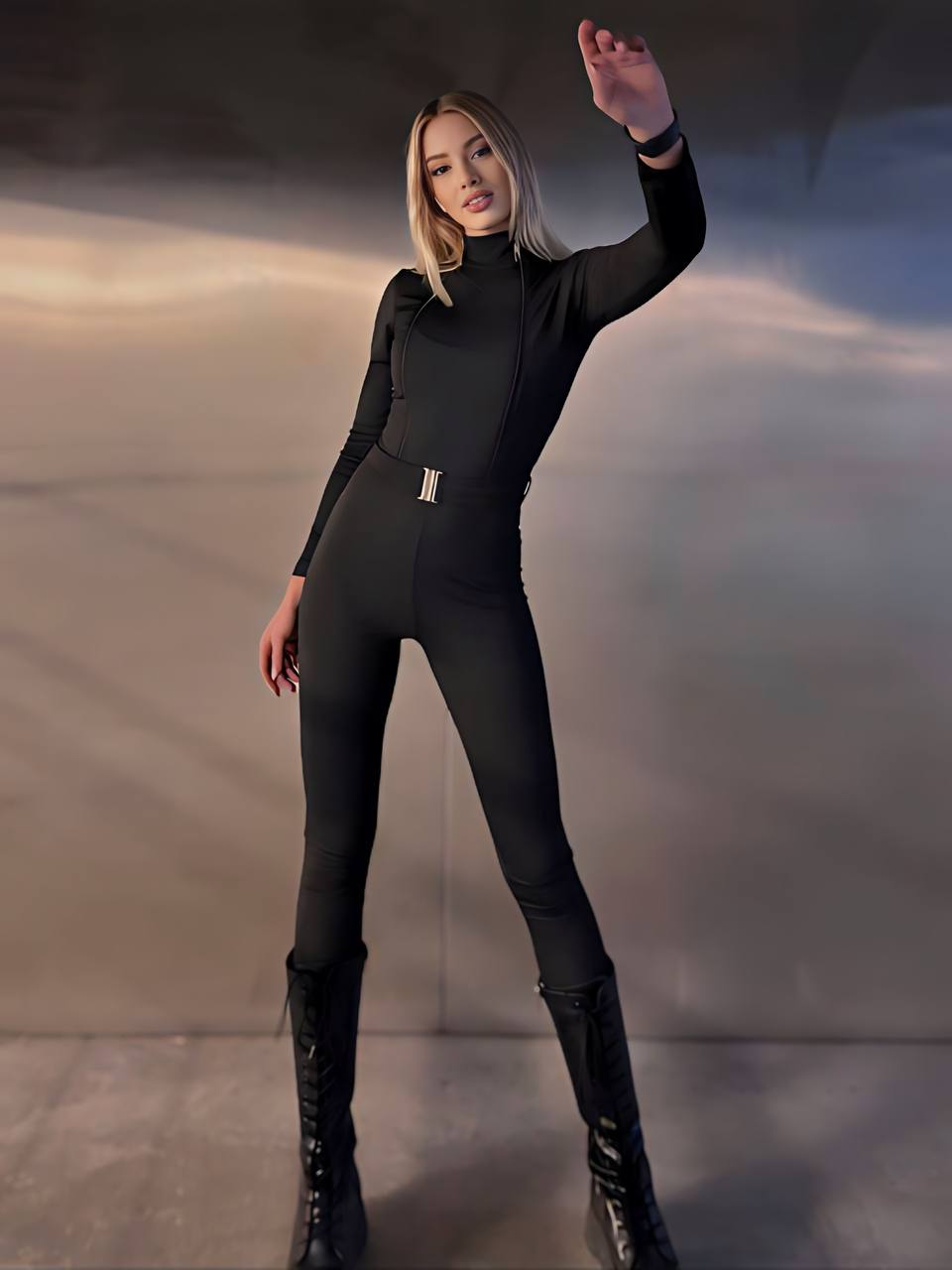 Women’s Belted Jumpsuit – Black Fit Model