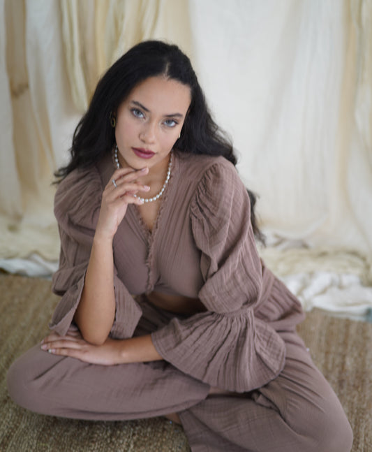 Boho 2‑teiliges Musselin-Set – Oberteil aus 100 % Baumwolle und Hose mit weitem Bein | Einheitsgröße