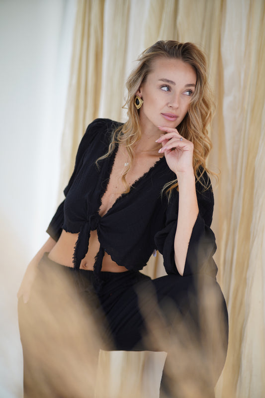 Boho 2‑teiliges Musselin-Set – Oberteil aus 100 % Baumwolle und Hose mit weitem Bein | Einheitsgröße