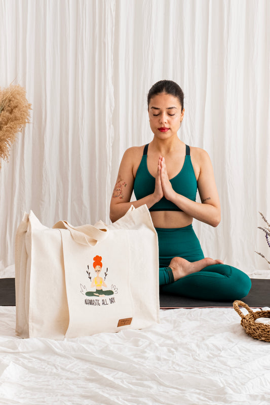 Boho Style Large Yoga & Pilates Tote Bag – 100% Cotton Mat Carrier with Front Pocket